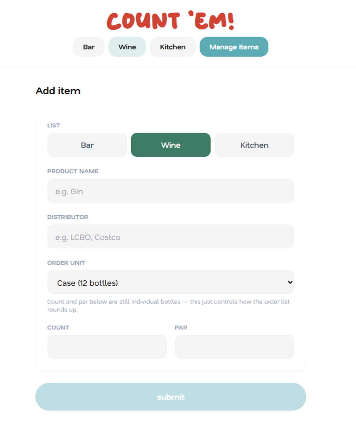 Add item form for the Wine list, including product name, distributor, and order unit fields